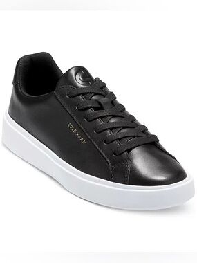 Cole Haan Women’s Black Leather Lace-Up Sneaker with White Sole